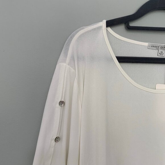 NEW Green Envelope white ruffle button sleeve detail stretchy pullover flowy top - Picture 2 of 10